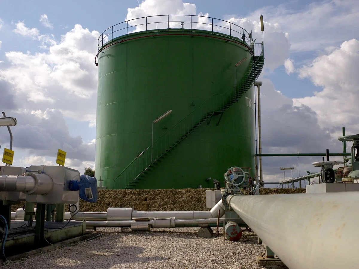 A crude oil storage tank at the Vermilion Energy Trust pipeline and storage site in Vaudoy-en-Brie, near Paris, France.